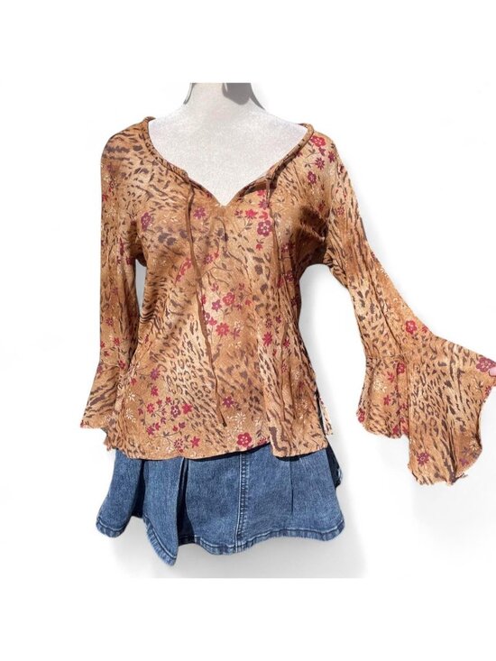 Nolita Tops - Vintage flare sleeved floral and leopard print semi sheer blouse